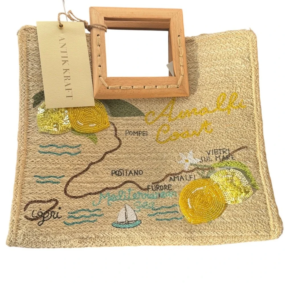 Antikraft Handcrafted Beaded Lemon Italian Map‎ Theme Tote Wood Square Handles